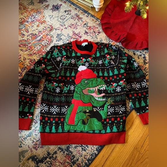 Dinosaur Ugly Tacky Crew Neck Christmas Holiday Sweater Santa Hat | Sz XXL - Picture 2 of 4